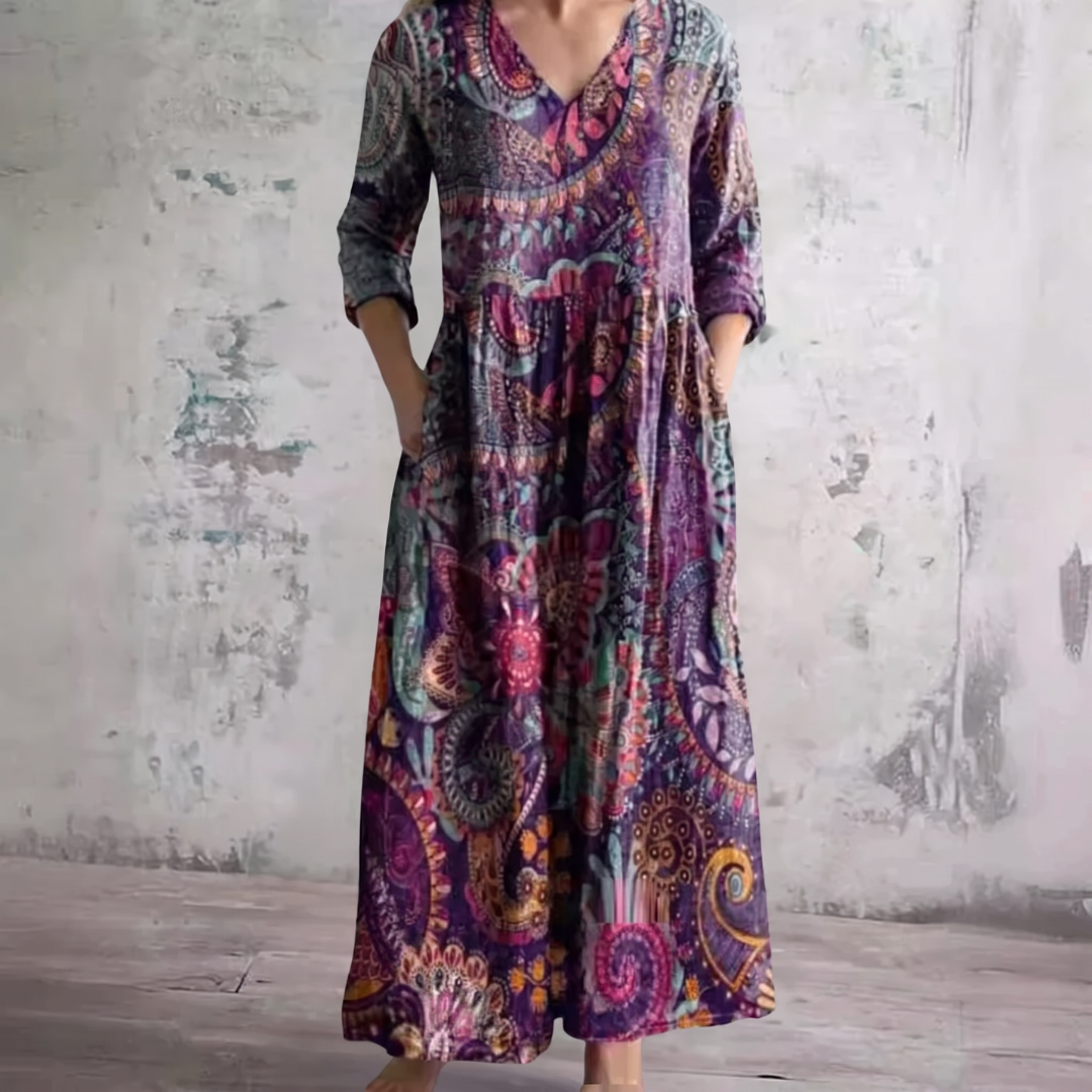 Robe d’été violette à col en V, manches 3/4, motifs fleuris et cachemire multicolores