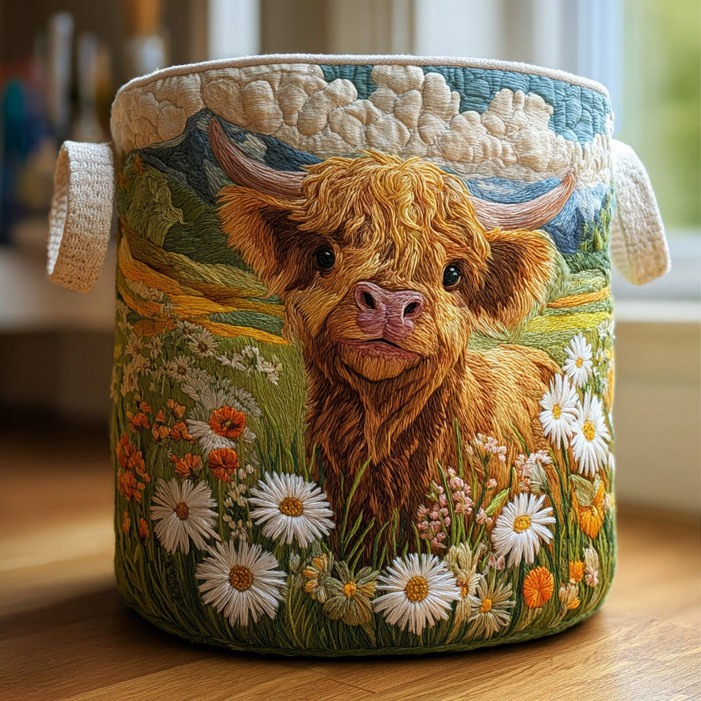 Panier à linge en tissu à motif vache Highland et fleurs, anses beige.