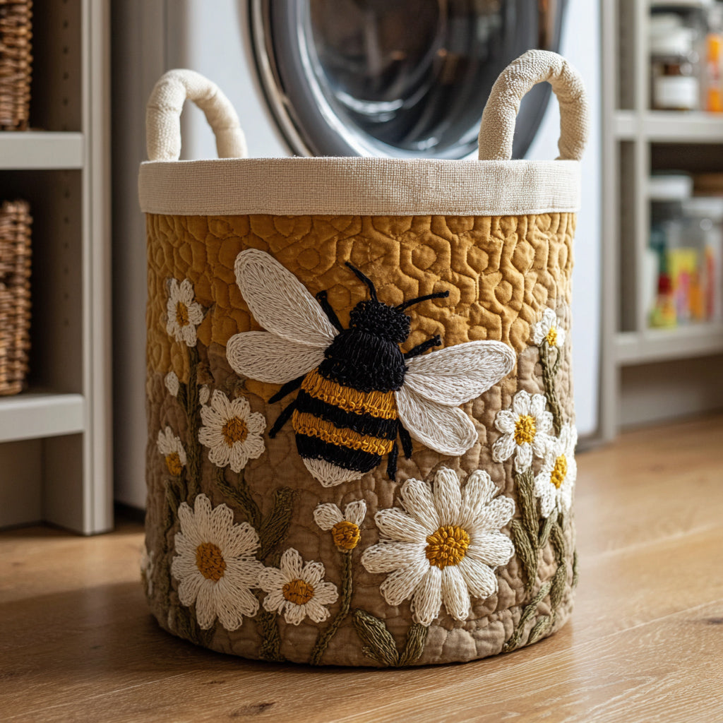 Panier à linge rond en tissu beige avec abeille et fleurs, anses rembourrées.