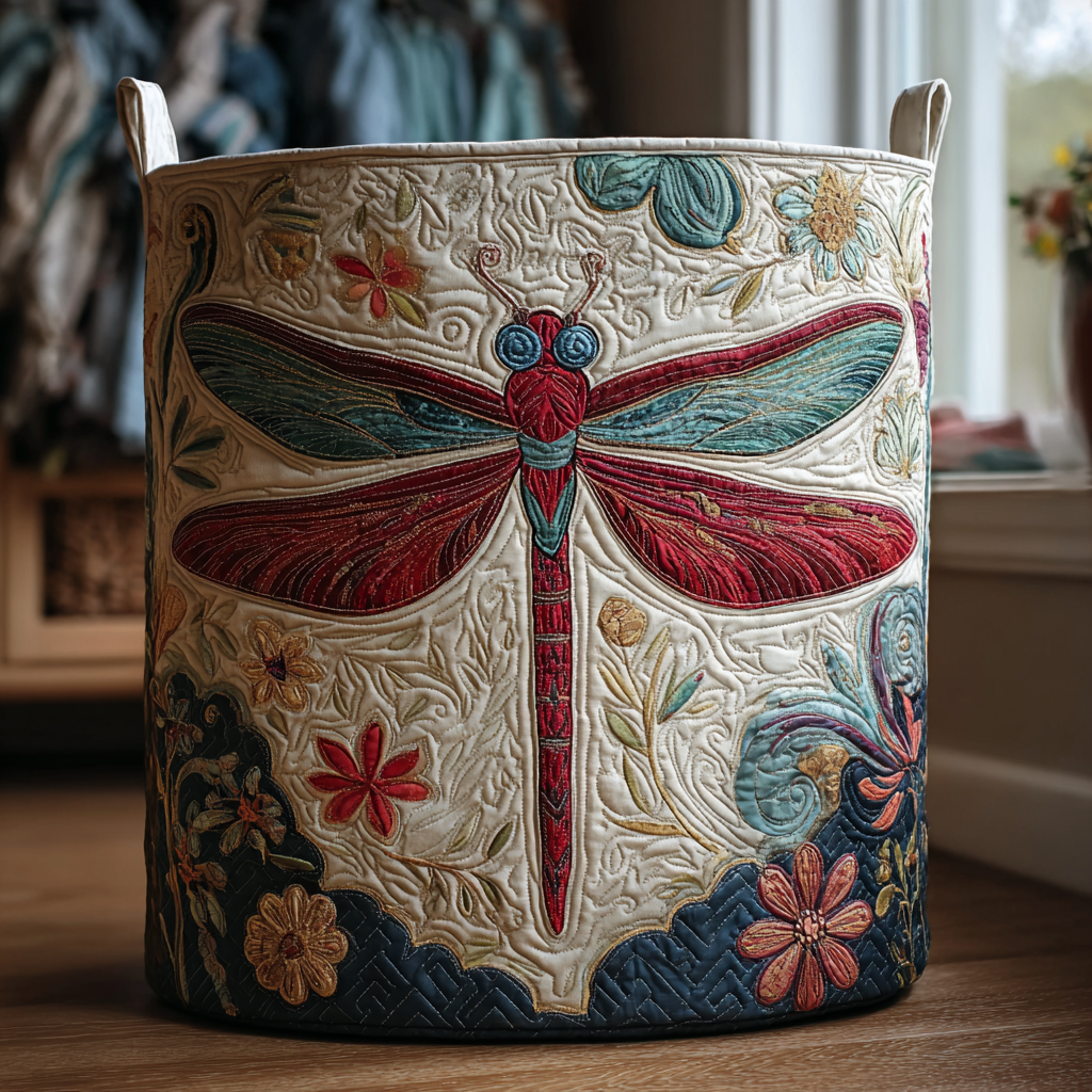 Corbeille à linge en tissu avec motif brodé multicolore sur tout le pourtour
