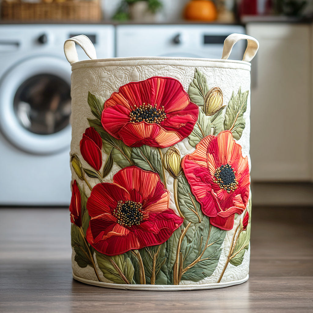 Panier à linge en tissu beige, motifs coquelicots rouges et anses blanches