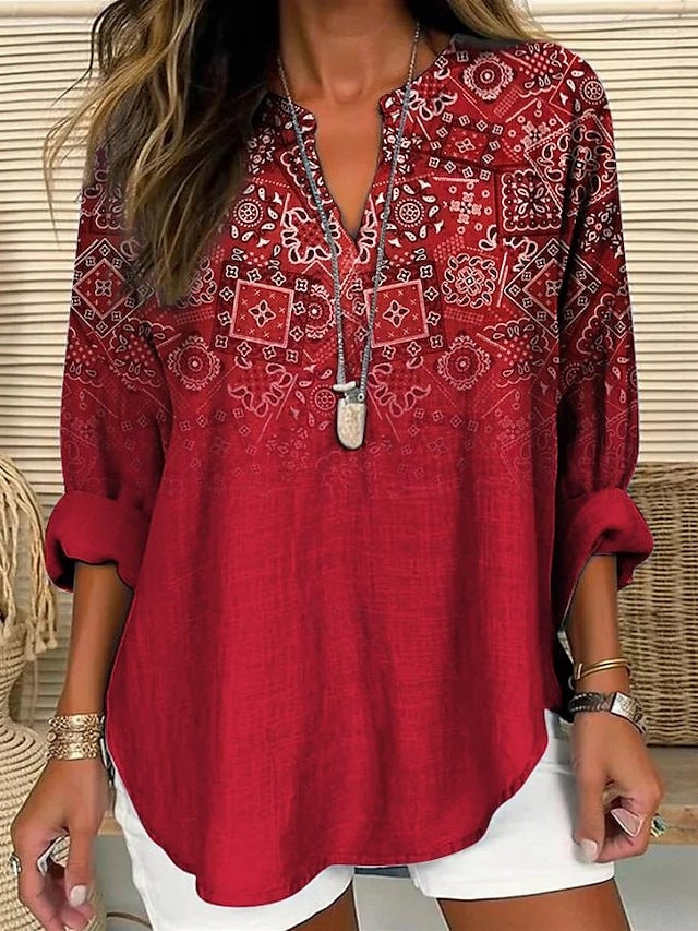 Blouse décontractée rouge à imprimé cachemire, encolure V, manches 3/4 retroussées