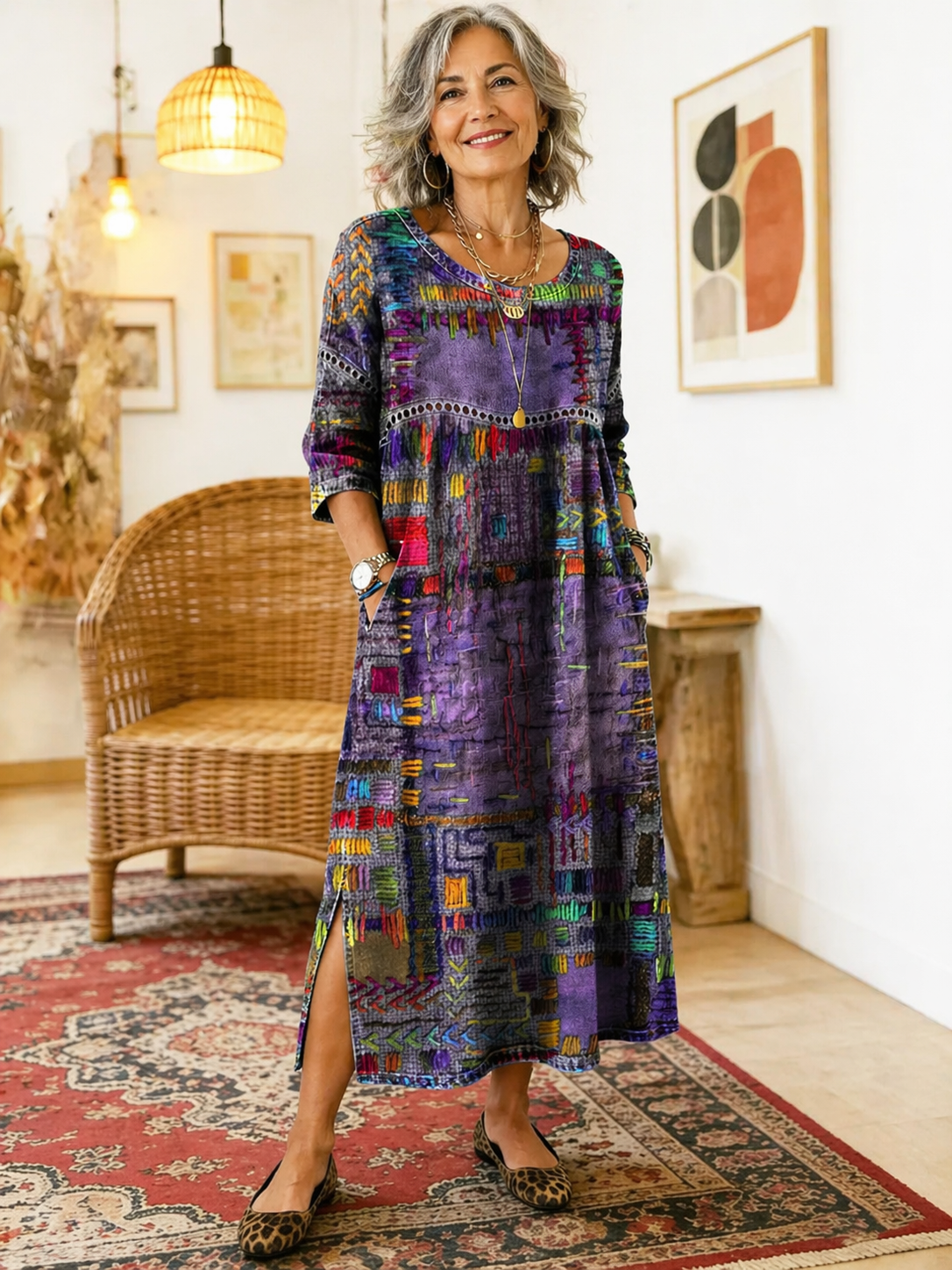Robe longue multicolore à patchwork ethnique, encolure ronde, manches 3/4, fente latérale.