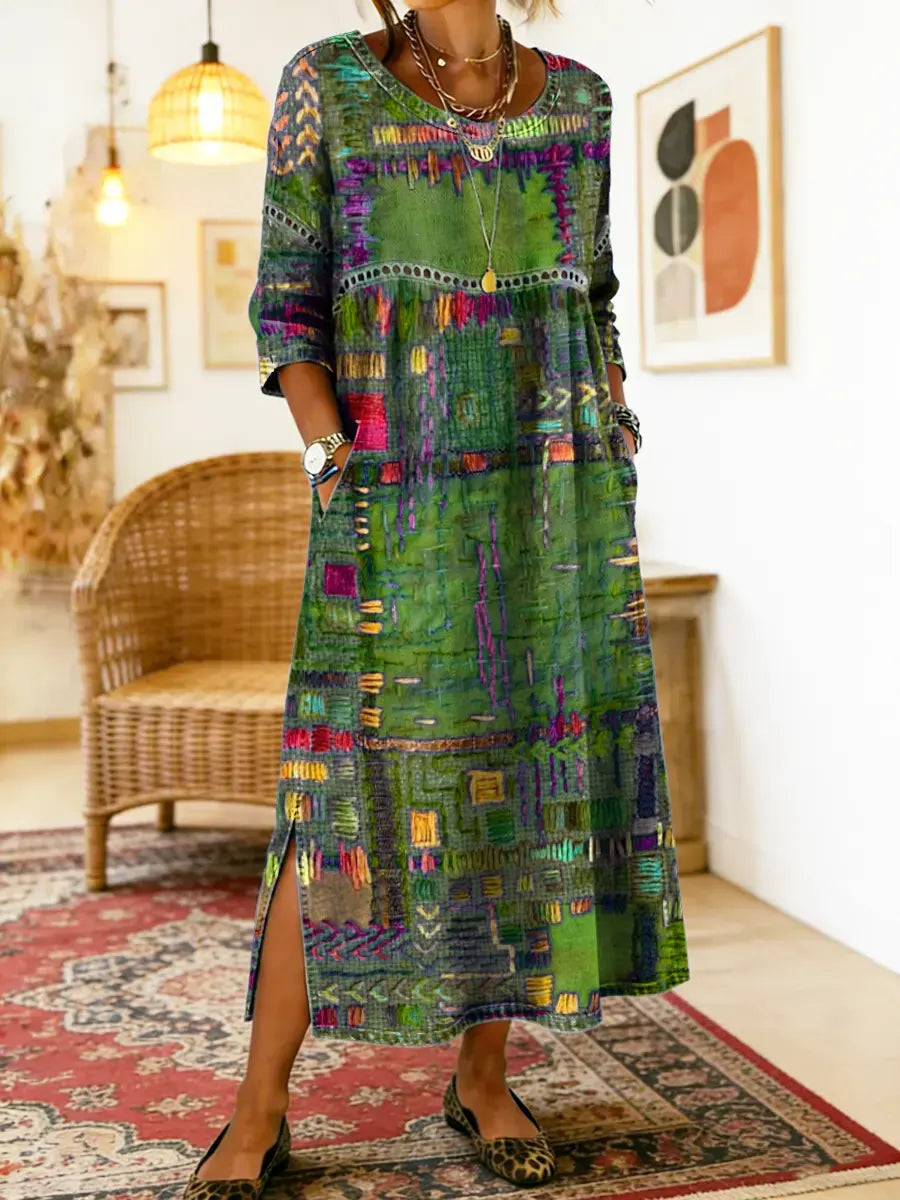 Robe imprimée patchwork ethnique multicolore, manches 3/4, col rond, fente latérale