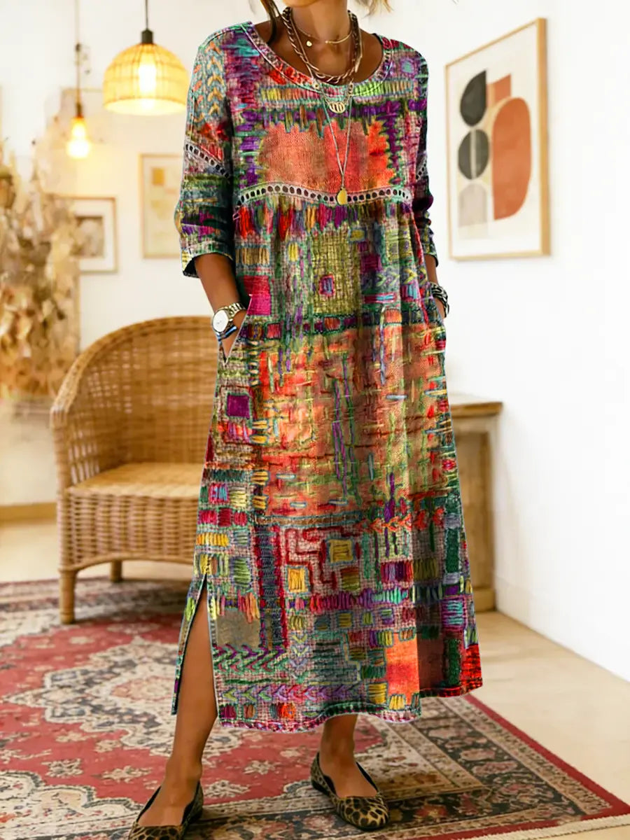 Robe maxi patchwork ethnique, couleurs rouge, vert et bleu, encolure ronde, fente latérale.