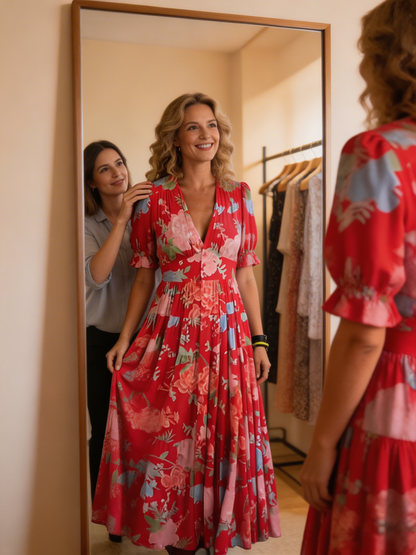 Robe fleurie rouge à col en V, taille marquée, manches courtes.