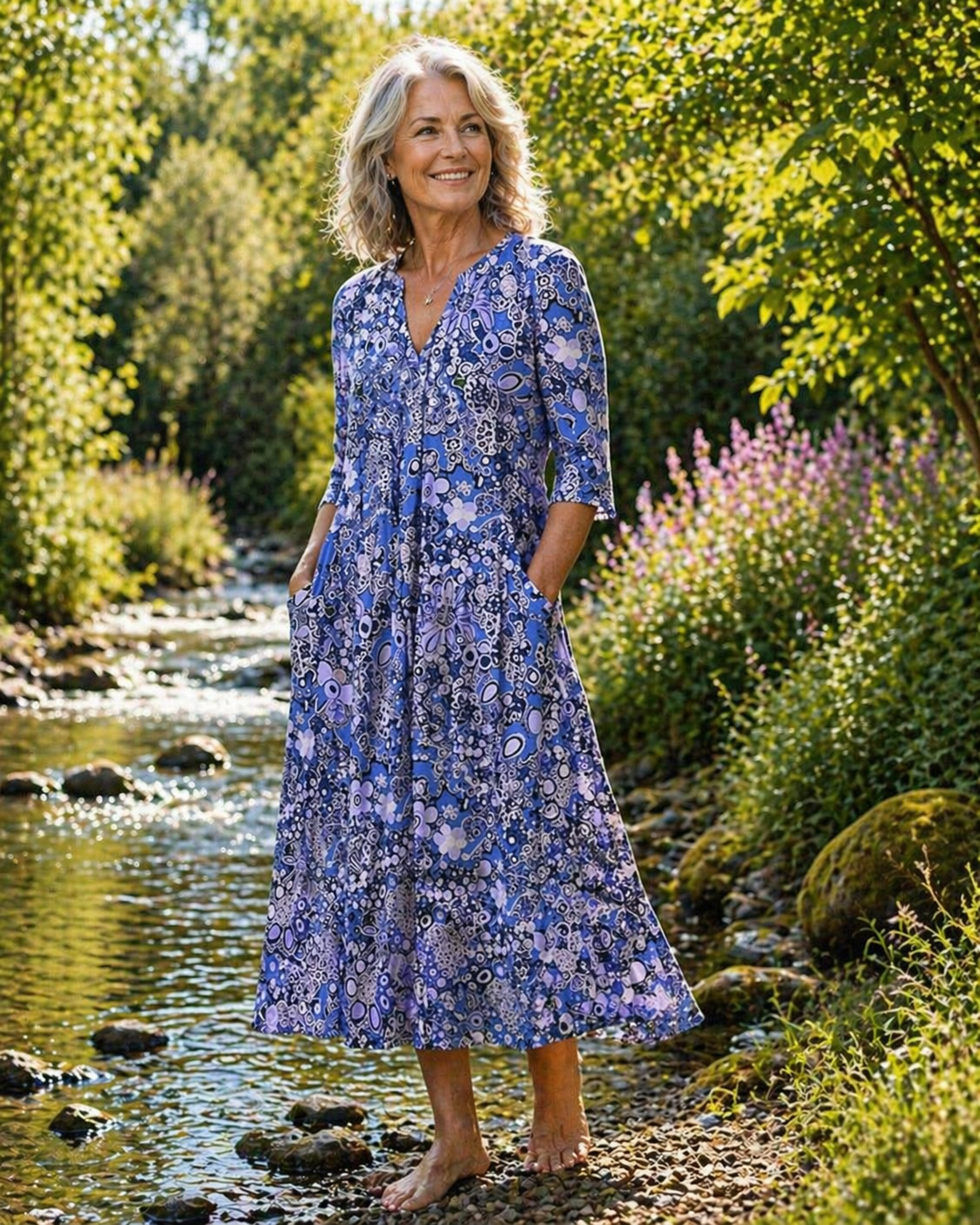 Robe d’été élégante Queenie bleue à col V et manches trois-quarts, imprimé fleuri