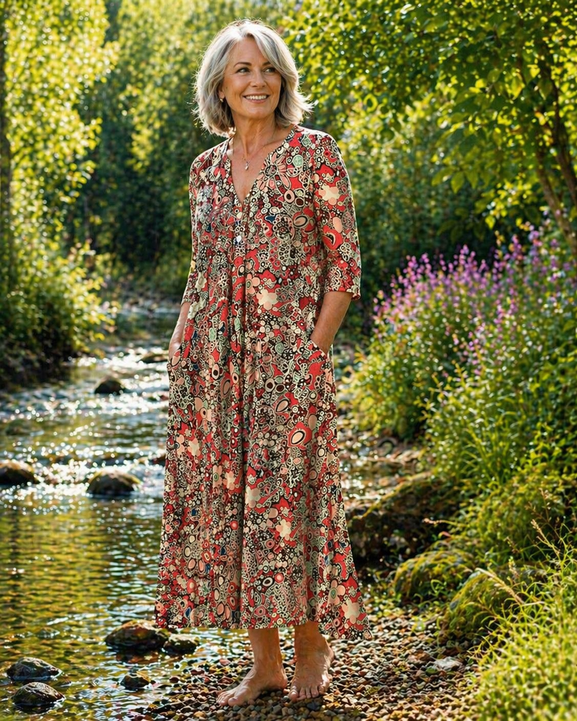 Robe d’été élégante Queenie rouge à col V, manches trois-quarts, imprimé rétro
