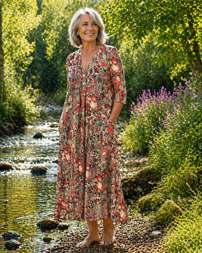 Robe d’été élégante Queenie rouge à col V, manches trois-quarts, imprimé rétro