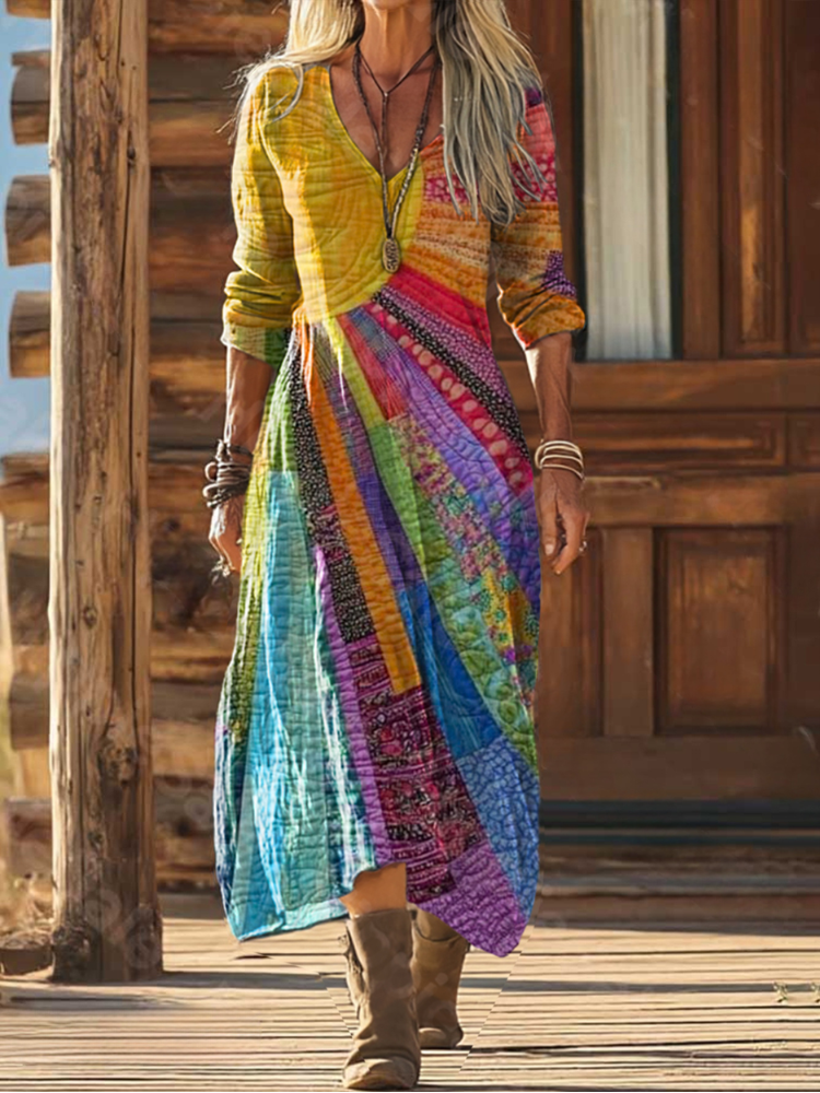 Robe Soleil Bohémien patchwork multicolore, encolure V, manches longues.