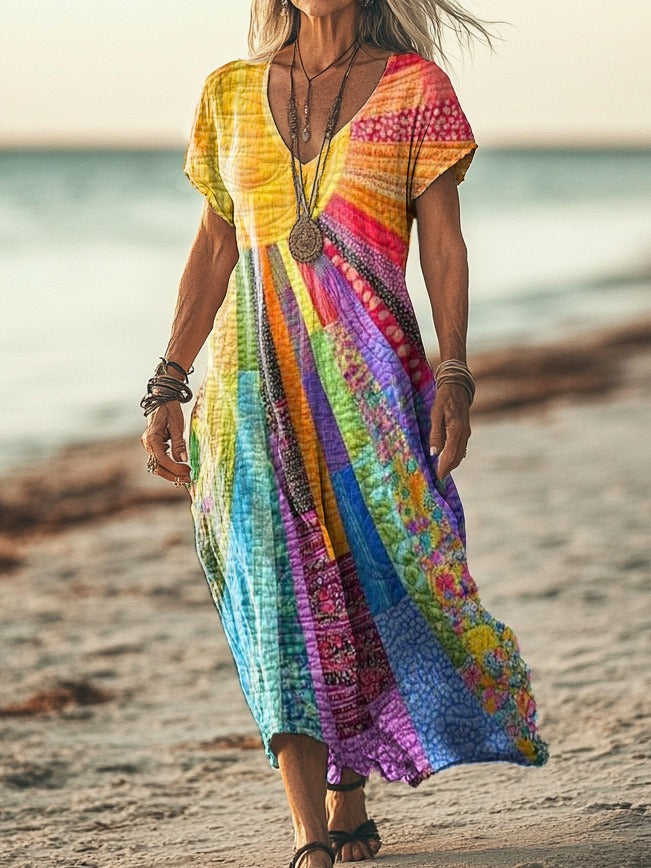 Robe Soleil Bohémien patchwork multicolore, encolure V, manches courtes.