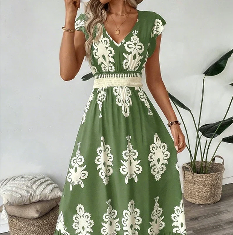 Robe longue col en V verte à manches volantées, imprimé baroque blanc et ceinture élastique
