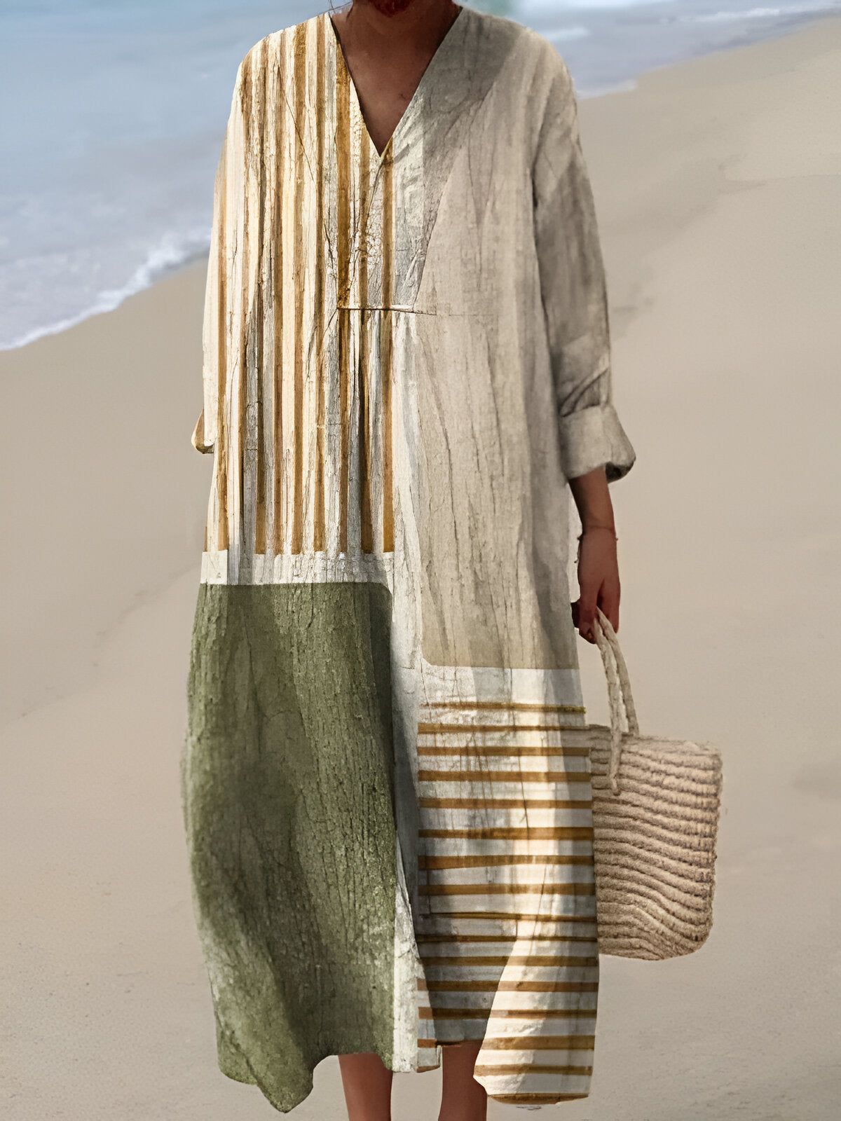 Robe d’été ample midi à rayures verticales et empiècement vert