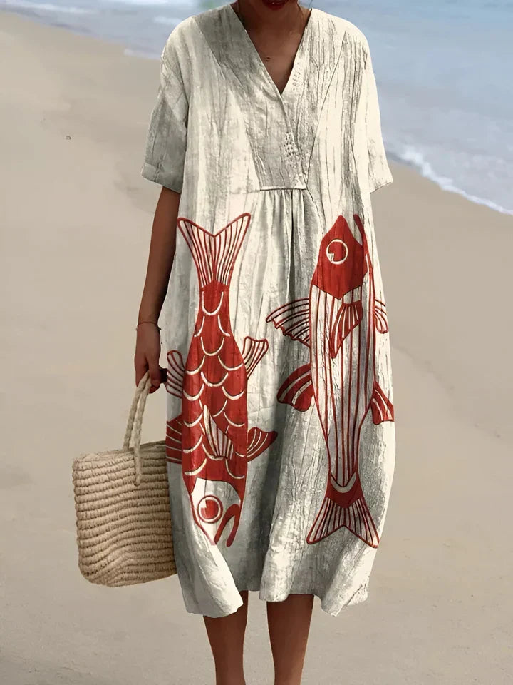 Robe d’été ample blanche à imprimé poissons rouges, col V