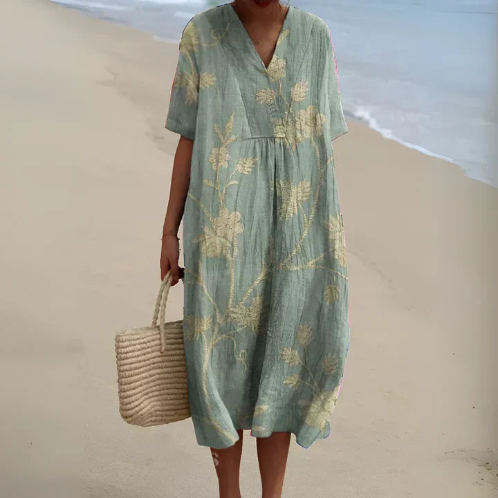 Robe d’été ample vert d’eau à imprimé fleurs beiges, col V