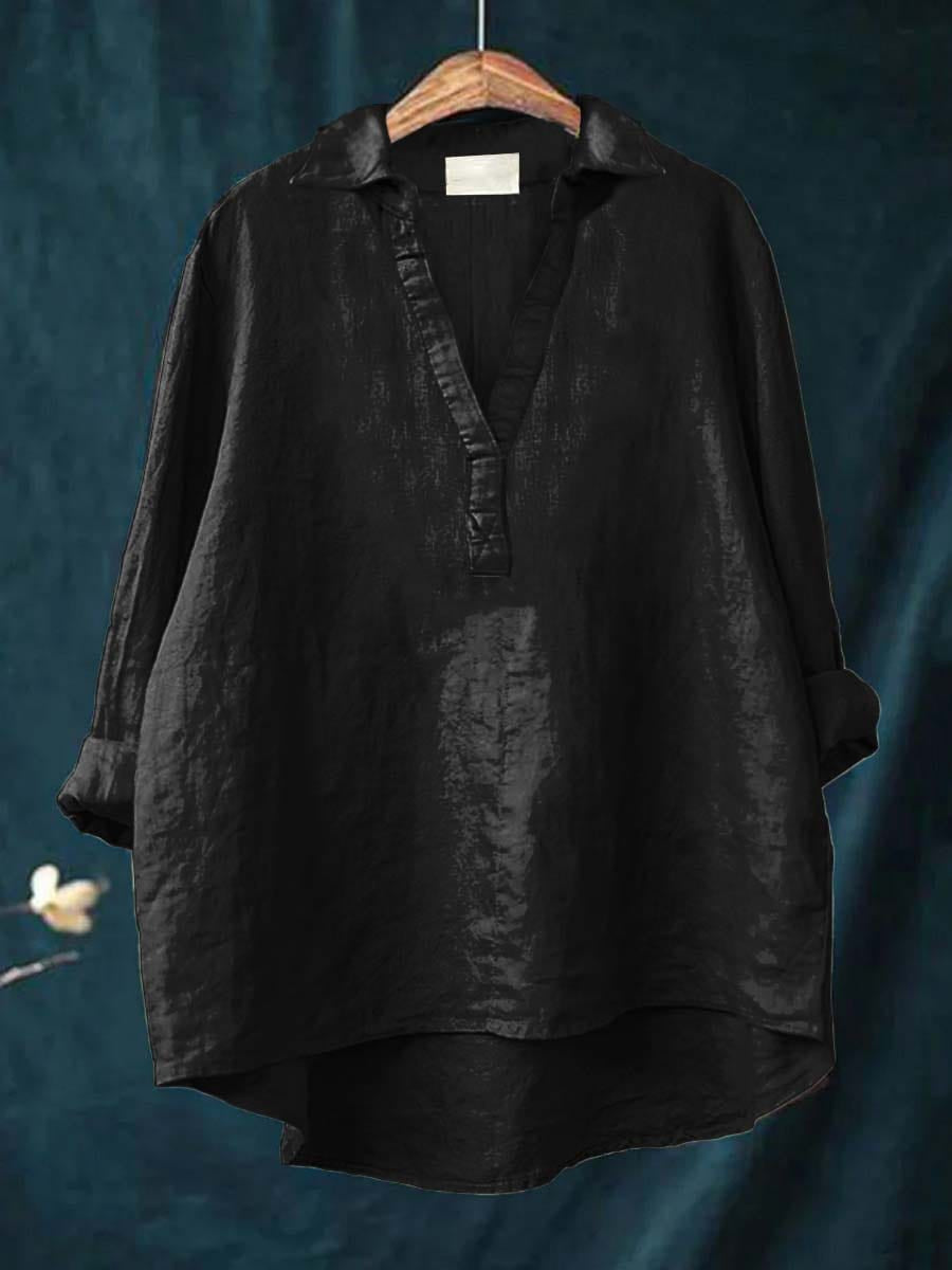 Chemisier en lin noir à encolure V, patte boutonnée, manches amples