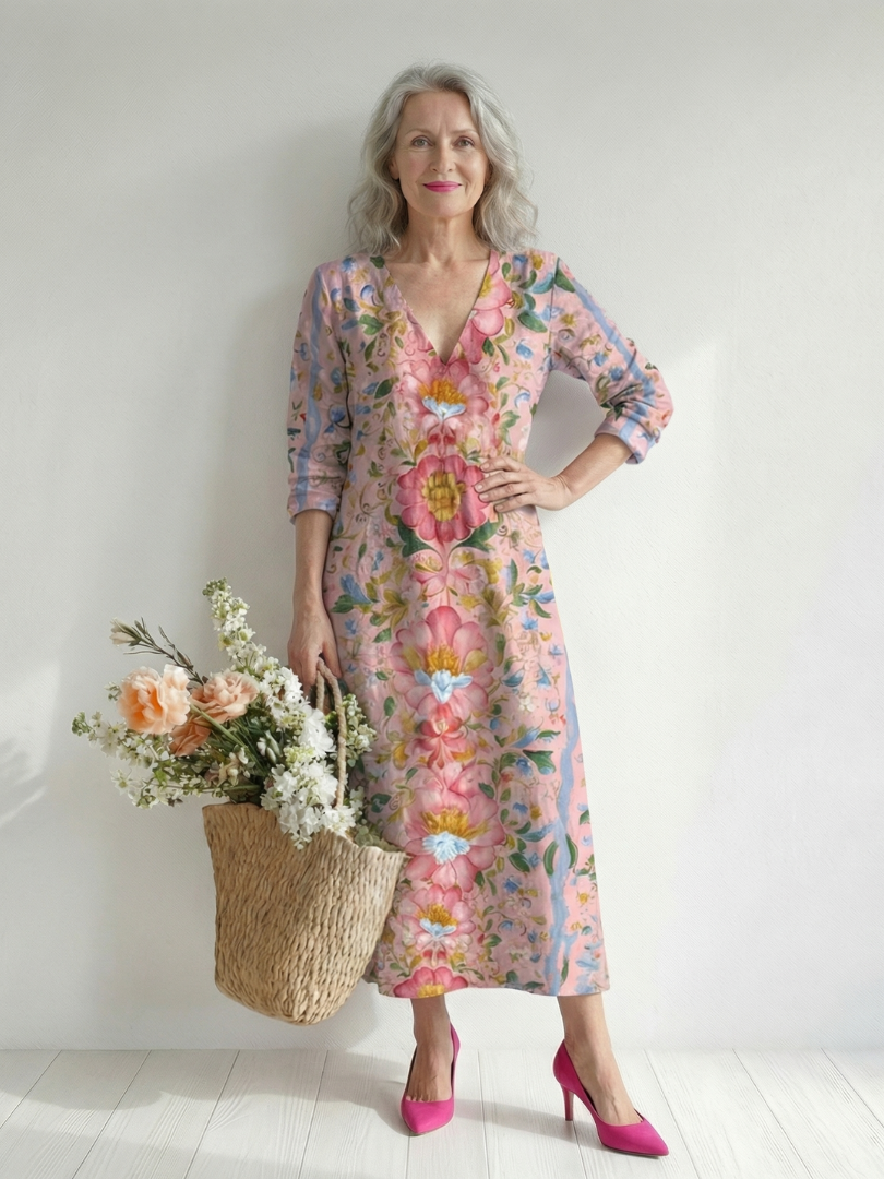 Robe d'été Julien à fleurs sur fond rose clair, encolure en V, manches 3/4, midi