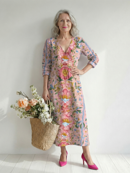 Robe d'été Julien à fleurs sur fond rose clair, encolure en V, manches 3/4, midi