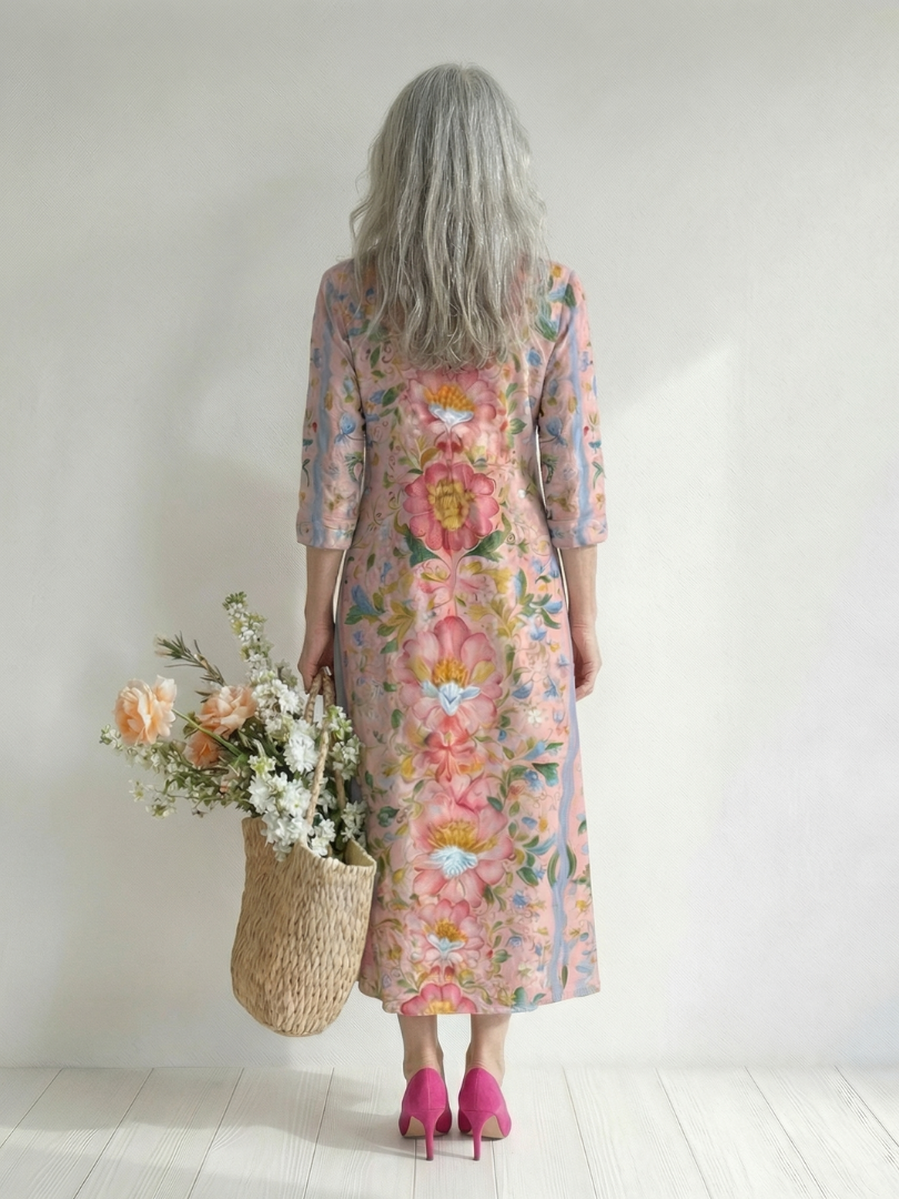 Robe d'été Julien à fleurs, vue dos, encolure ronde, manches 3/4, longueur midi