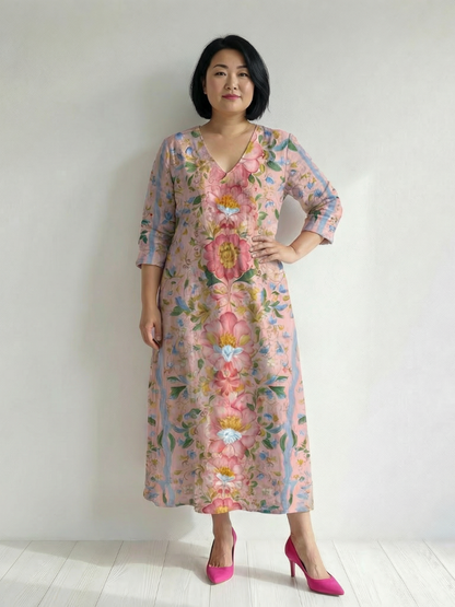Robe d'été Julien à fleurs roses et bleues, encolure en V, manches 3/4, midi