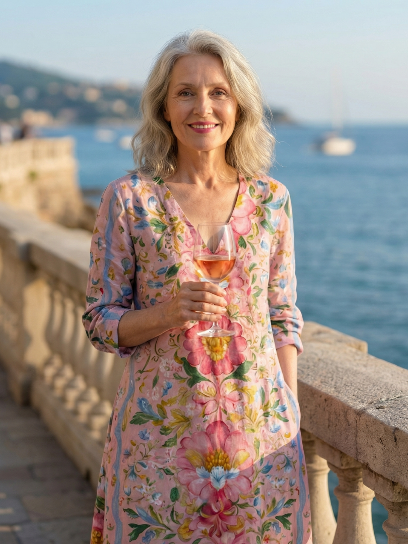 Robe d'été Julien à fleurs multicolores, encolure en V, manches 3/4, midi