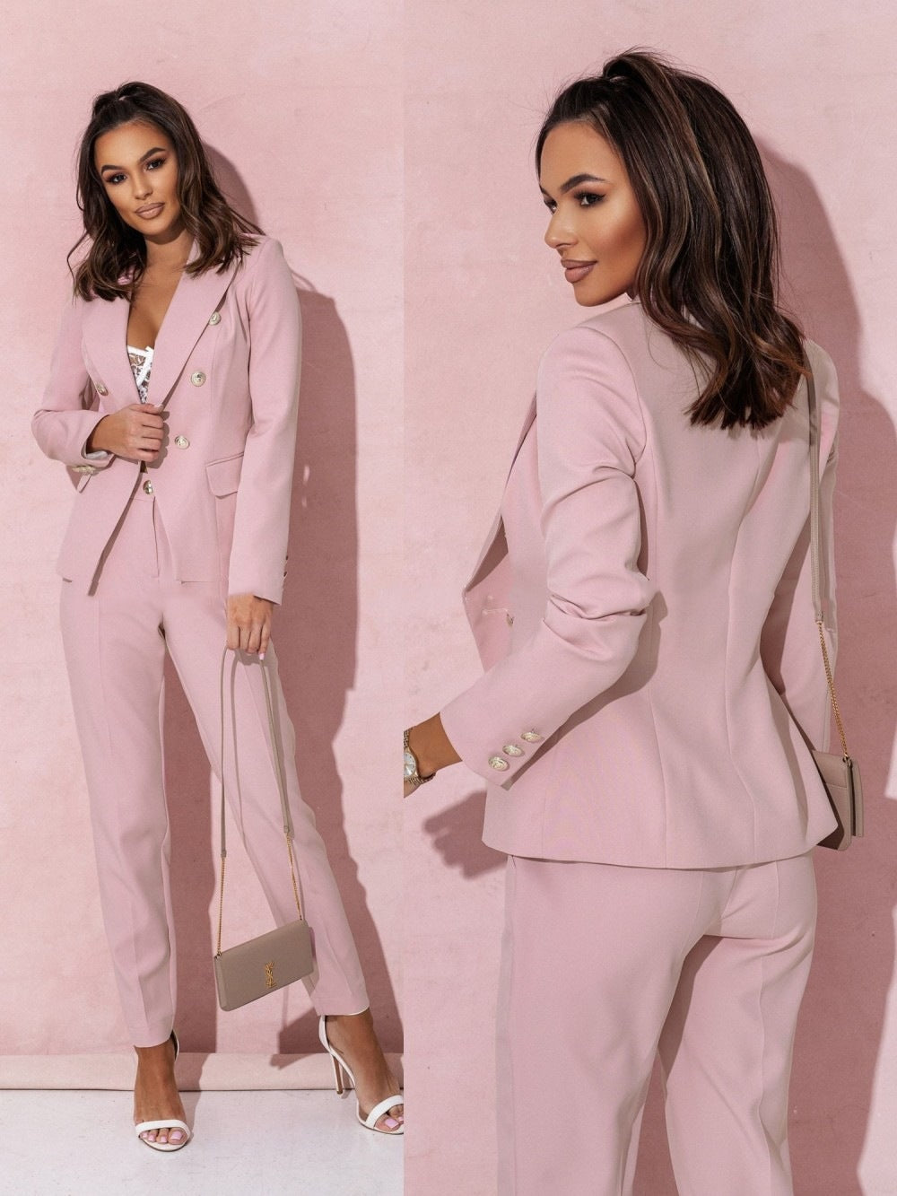Ensemble tailleur rose pâle : veste croisée boutonnée et pantalon long assorti