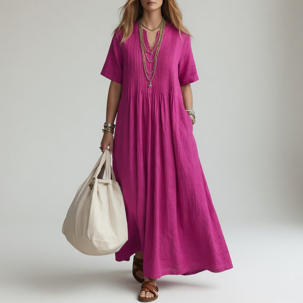 Robe longue coton rose fuchsia, col V, manches courtes, jupe évasée froncée à la taille