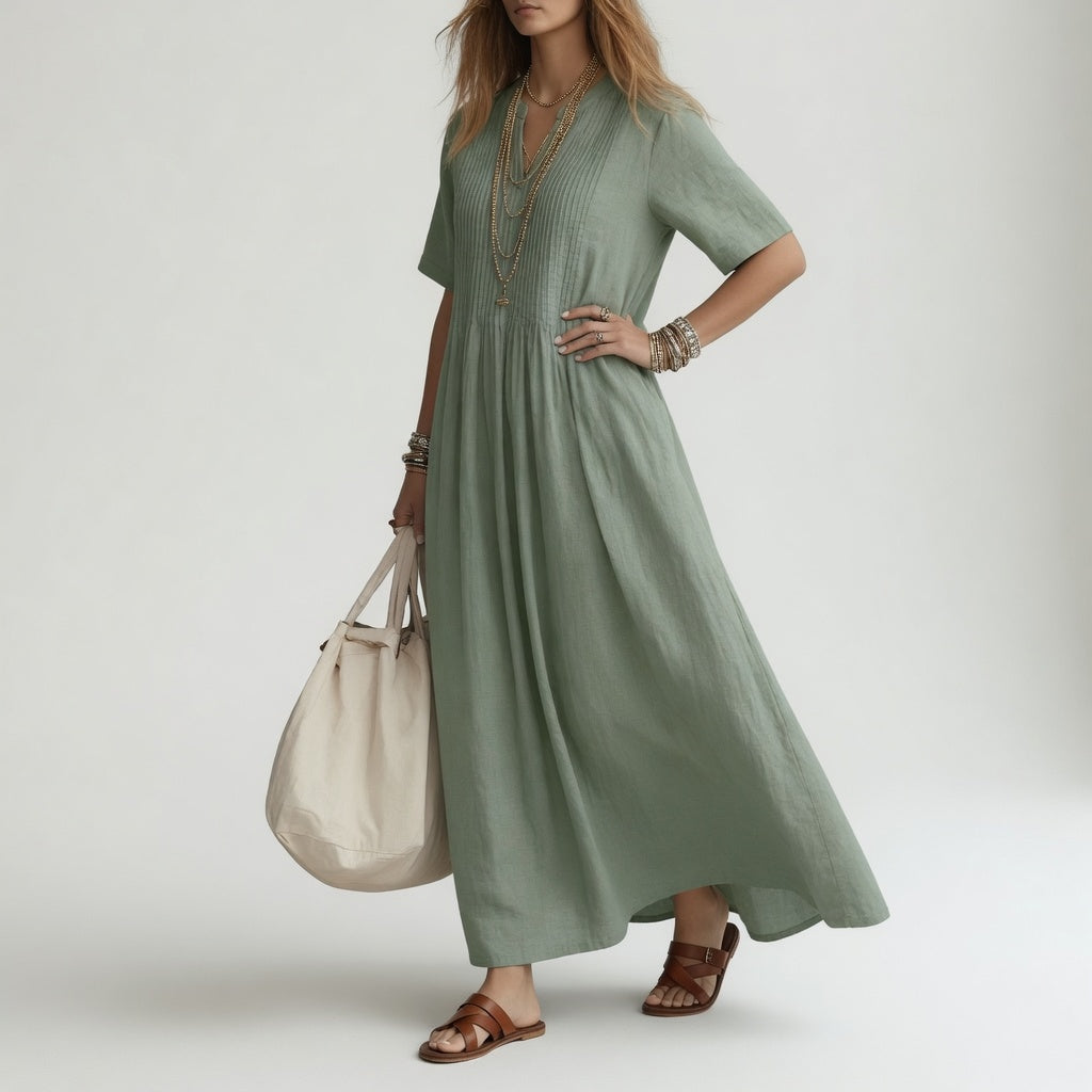 Robe longue coton vert sauge, col V, manches courtes, jupe évasée froncée à la taille