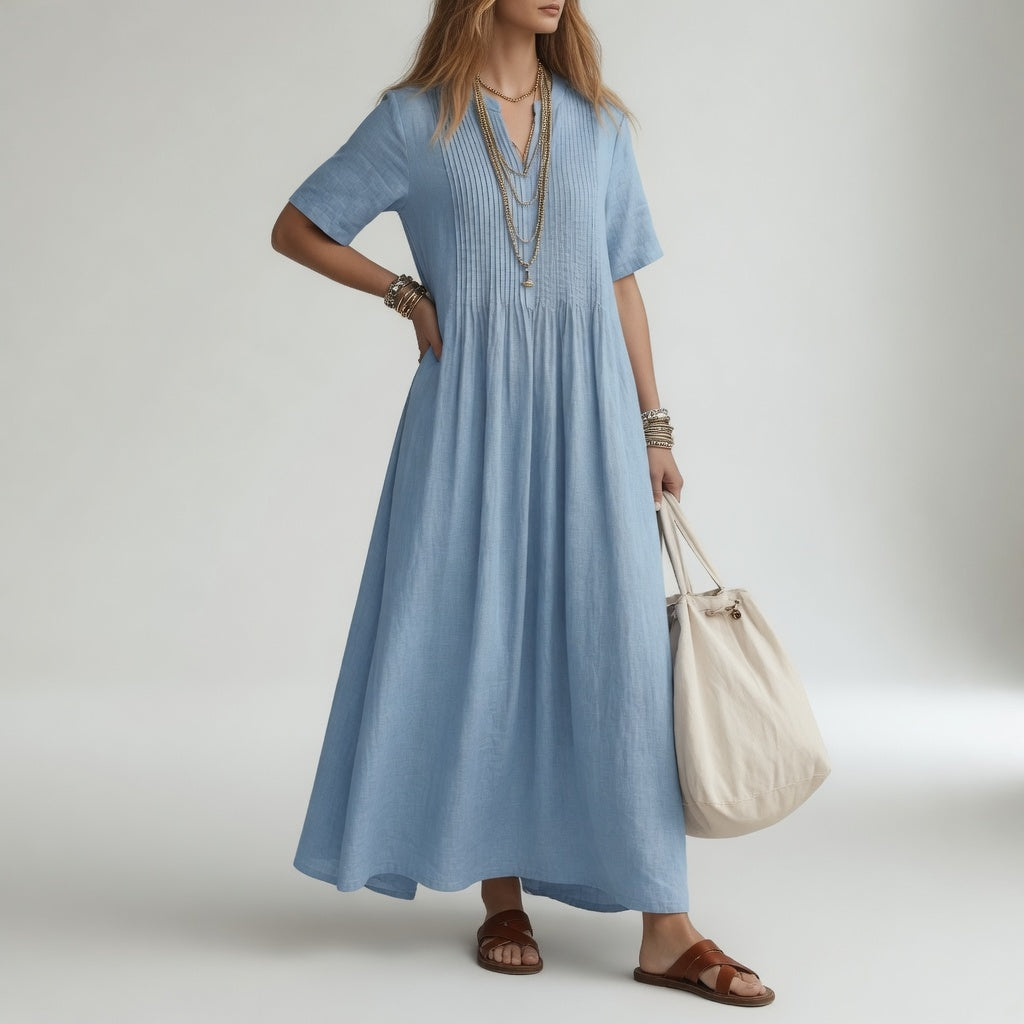 Robe longue coton bleu clair, col V, manches courtes, jupe évasée froncée