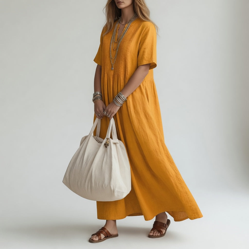 Robe longue coton jaune moutarde, col V, manches courtes, jupe évasée froncée