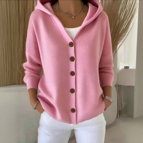 Gilet à capuche rose, fermeture boutonnée, manches longues, style décontracté.