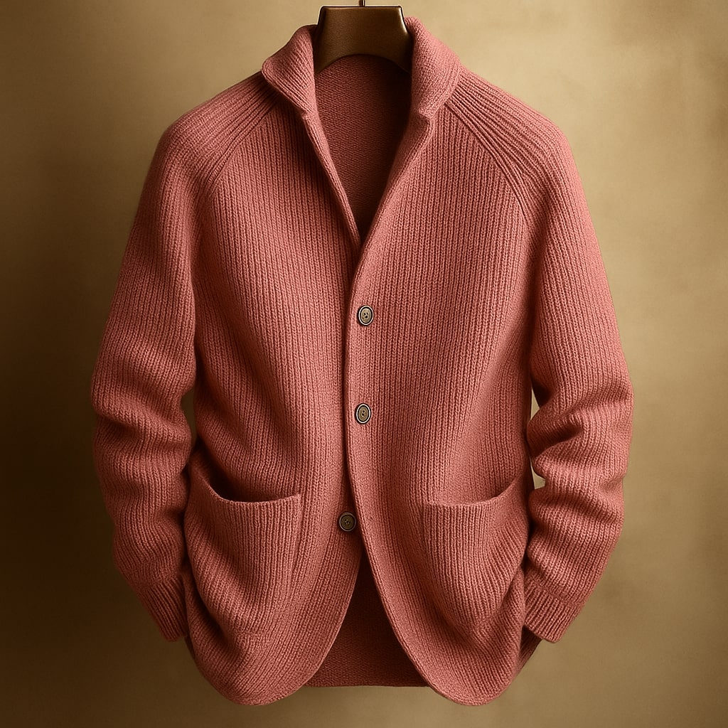 Cardigan homme en laine tricotée rose, col châle, boutons visibles et deux poches plaquées