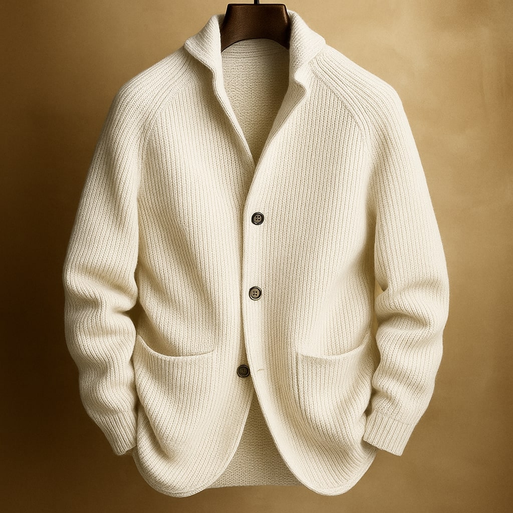 Cardigan homme en laine tricotée blanc cassé, col châle, patte boutonnée et poches plaquées