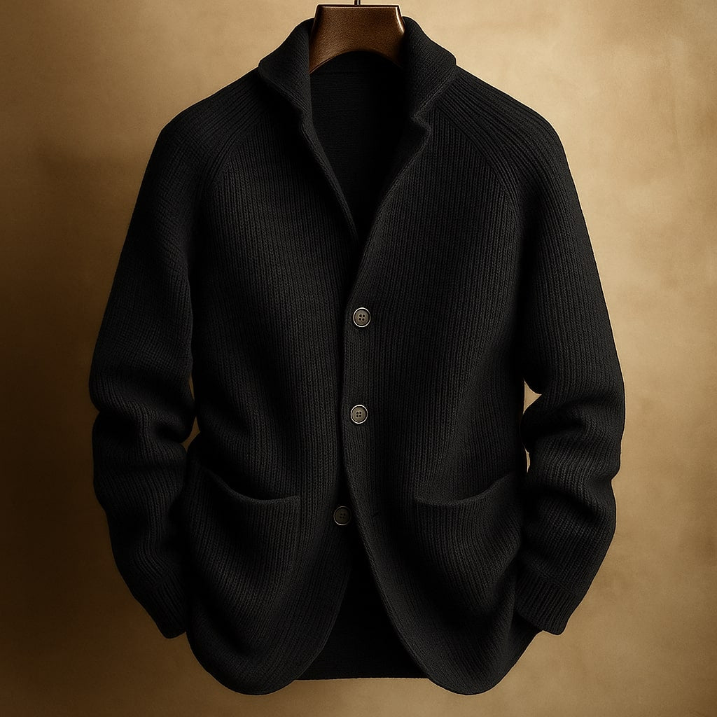 Cardigan homme en laine tricotée noir, col châle, patte boutonnée et poches plaquées
