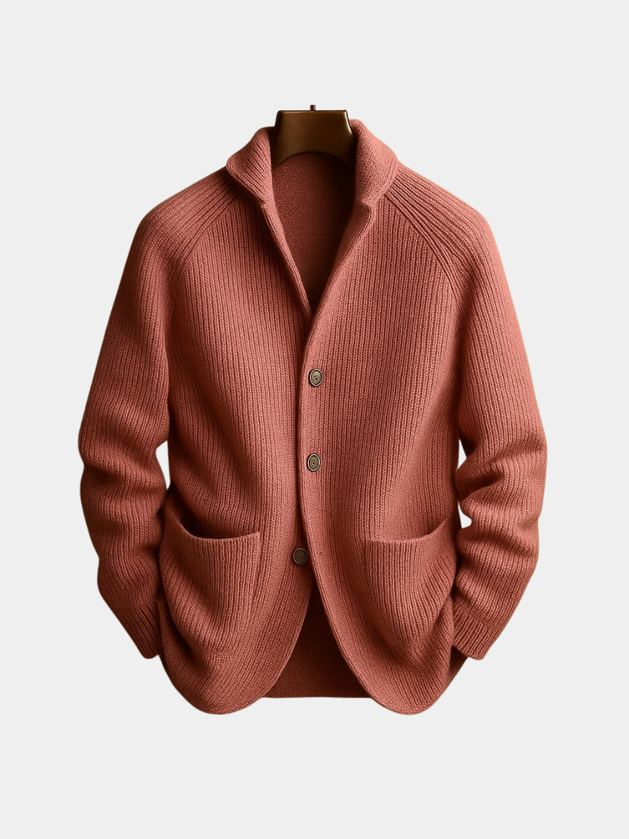 Cardigan homme en laine tricotée rose brun, col châle, boutons et deux poches plaquées