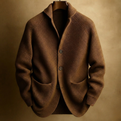 Cardigan homme en laine tricotée marron, col châle, boutons et deux poches plaquées
