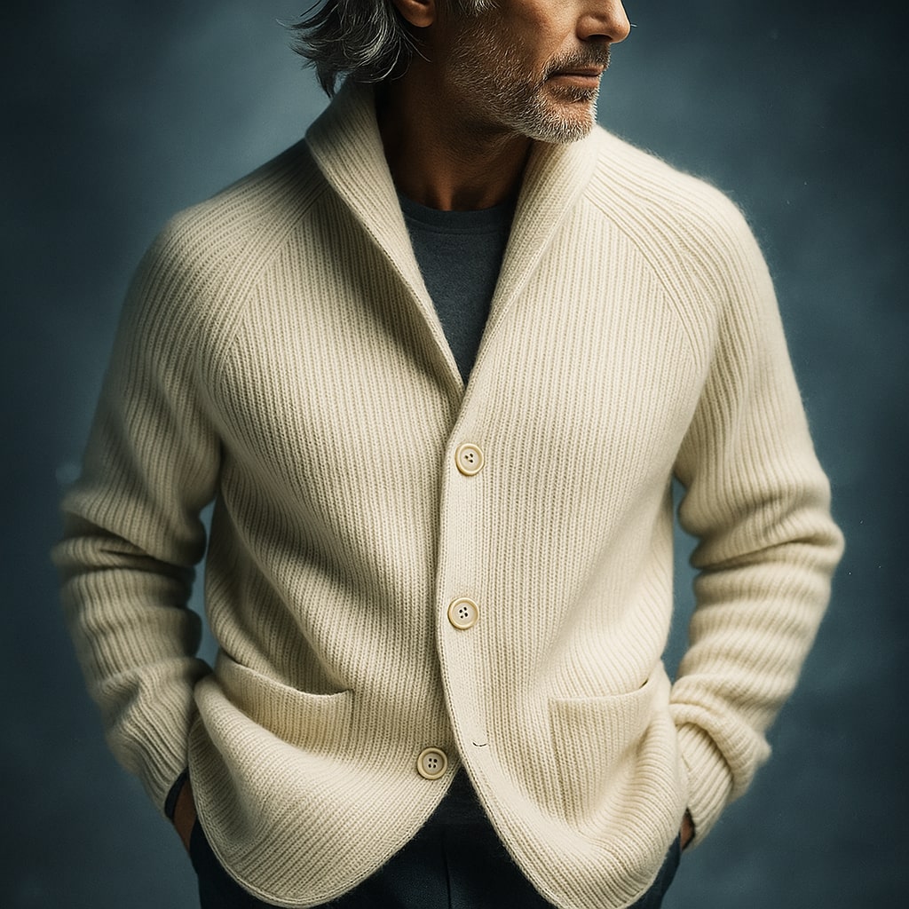 Cardigan homme en laine tricotée blanc cassé, col châle, boutons et deux poches plaquées