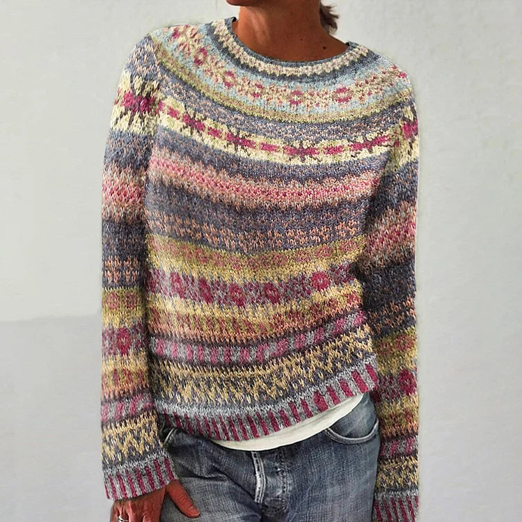 Pull vintage en maille rayée multicolore, manches longues, encolure ronde côtelée