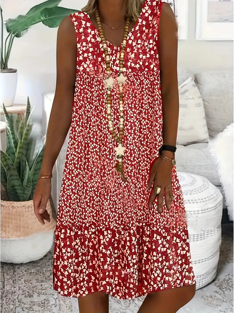 Robe sans manches encolure V, motif fleurs rouges, boutonnière dorée.