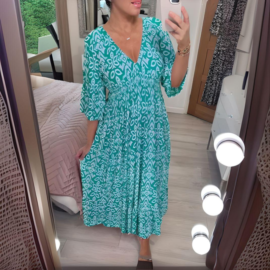 Robe bohème décontractée turquoise à motif blanc, encolure V, manches évasées 3/4.