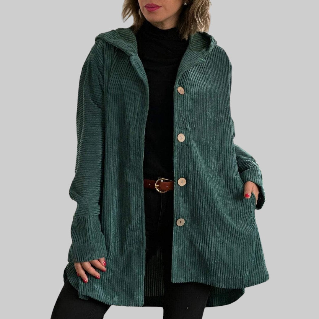 Veste matelassée à capuche vert foncé en tissu côtelé, boutons pression, poches plaquées
