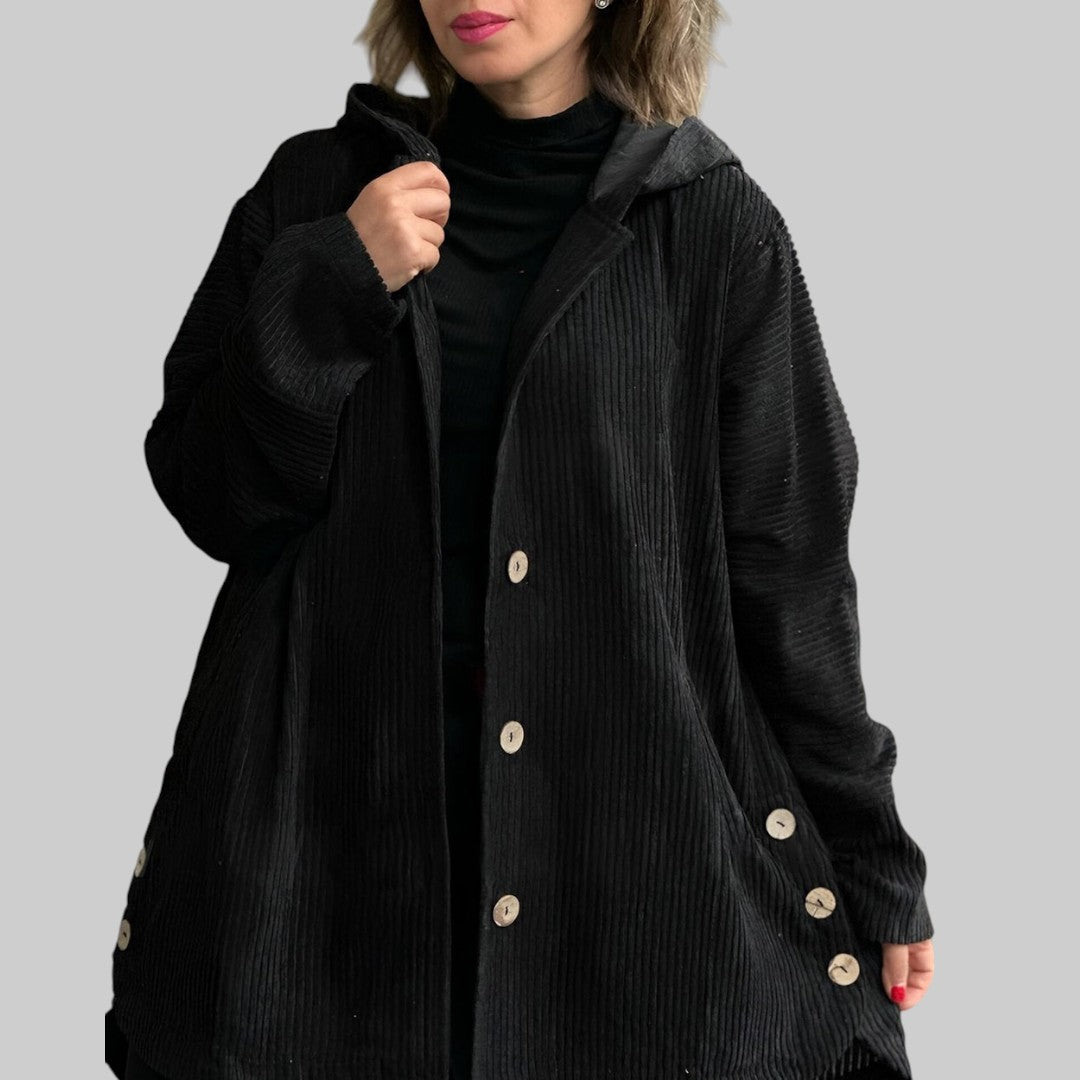 Veste matelassée à capuche noire en tissu côtelé, fermeture à boutons pression, poches