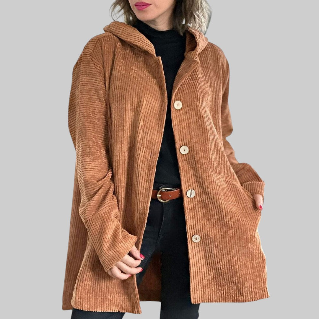 Veste matelassée à capuche en tissu côtelé marron, fermeture à boutons pression, poches