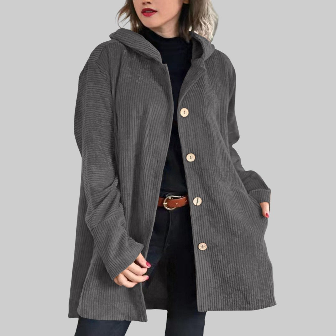 Veste matelassée à capuche grise en tissu côtelé, fermeture à boutons pression, poches