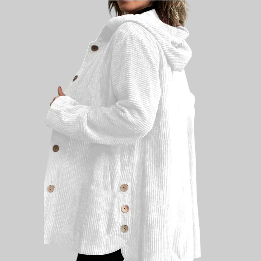 Veste matelassée à capuche blanche en tissu côtelé, boutons pression, poches plaquées