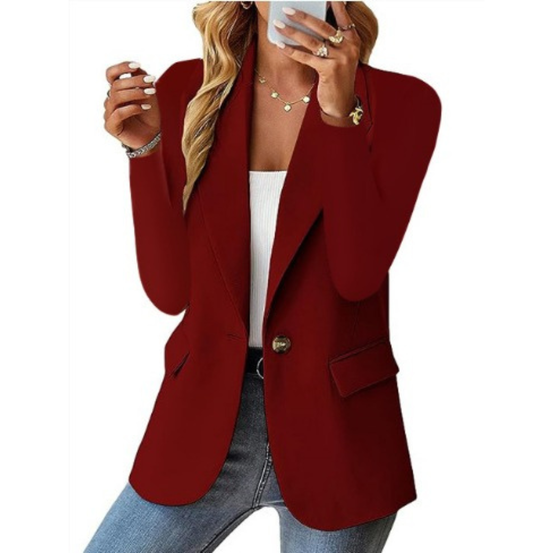Blazer bordeaux à revers, bouton central, poches passepoilées, manches longues