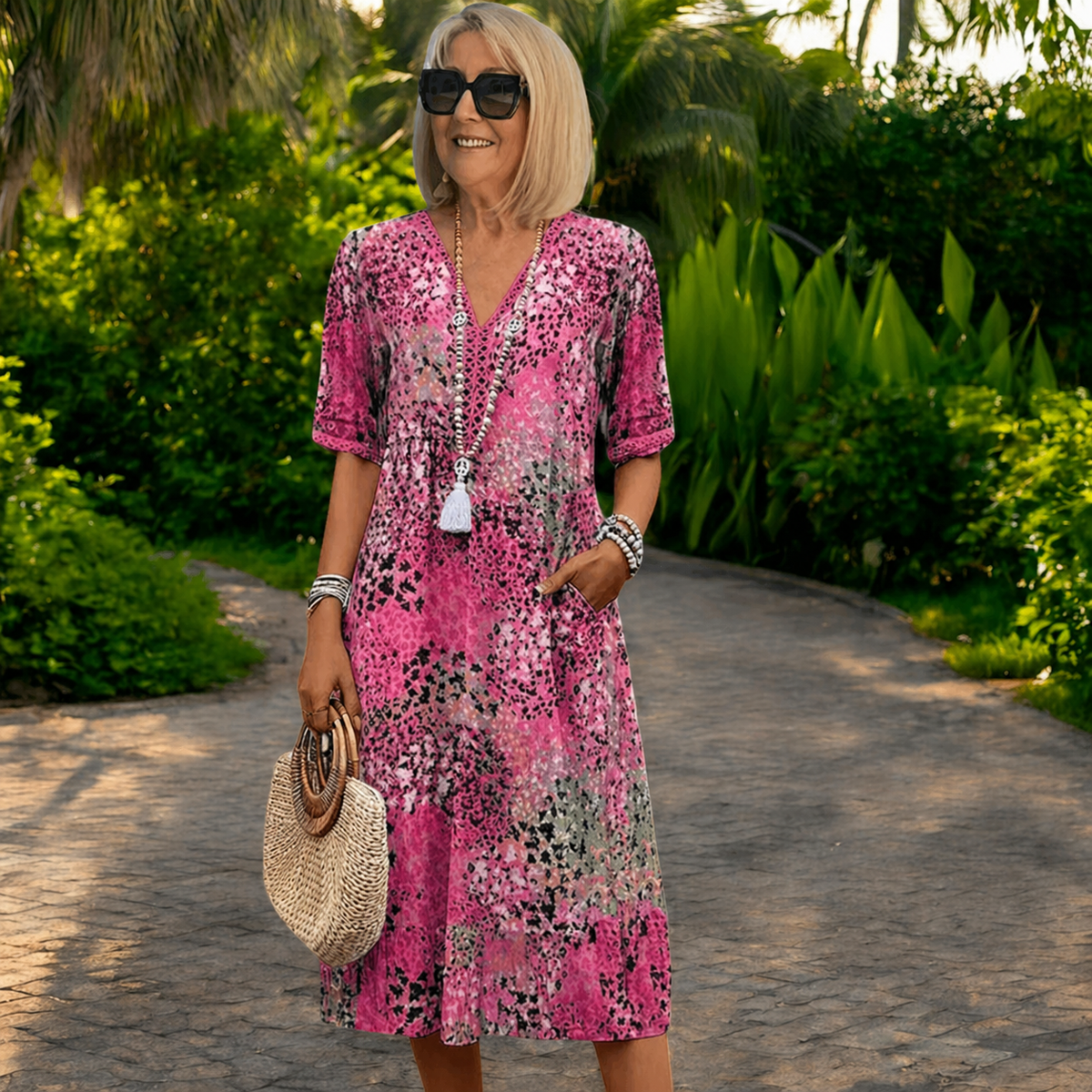 Robe fluide légère à encolure V, manches courtes, motif abstrait rose et vert