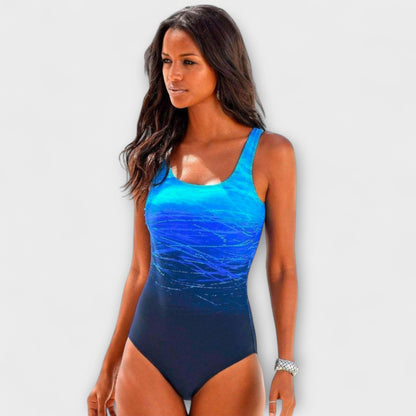 Maillot de bain une pièce sportif bleu dégradé, bretelles larges, coupe couvrante