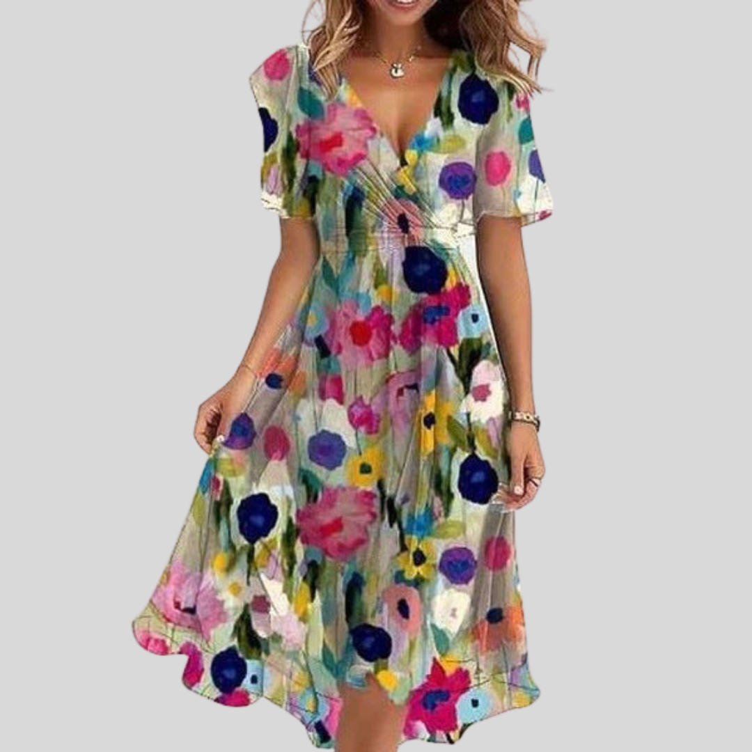 Robe d’été multicolore à fleurs, décolleté V, manches courtes, taille froncée
