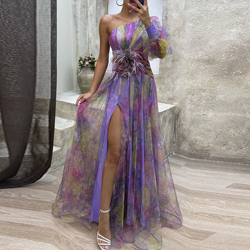 Robe longue une épaule en tulle violet et mauve, fente, fronce à la taille et rosette